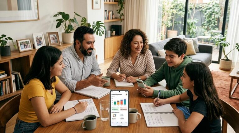 Familia enseñando a adolescentes a ahorrar dinero en México.