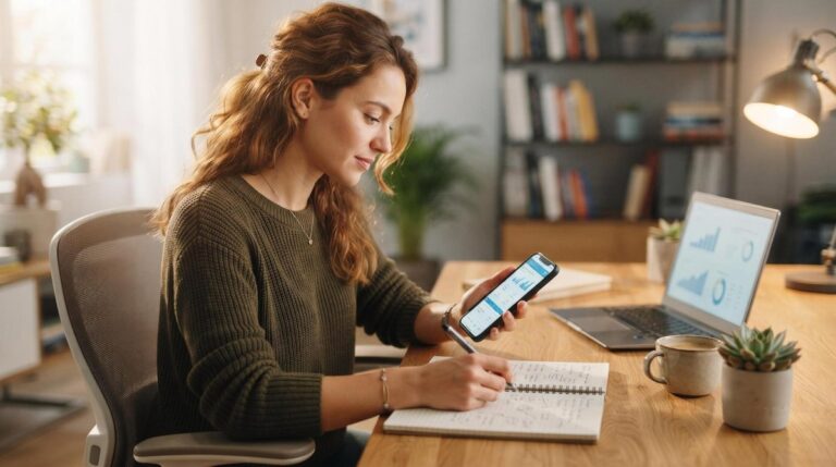 Persona revisando comparativas de planes de telefonía e internet en su celular mientras toma notas en una libreta