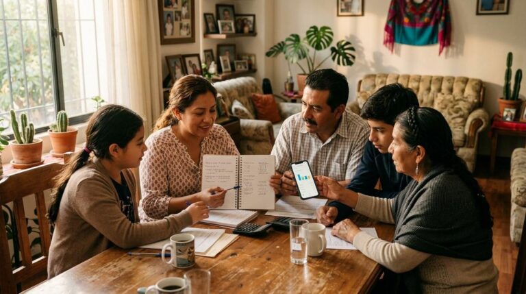 Personas dividiendo los gastos del hogar en familia mediante una planilla o herramienta de organización financiera.