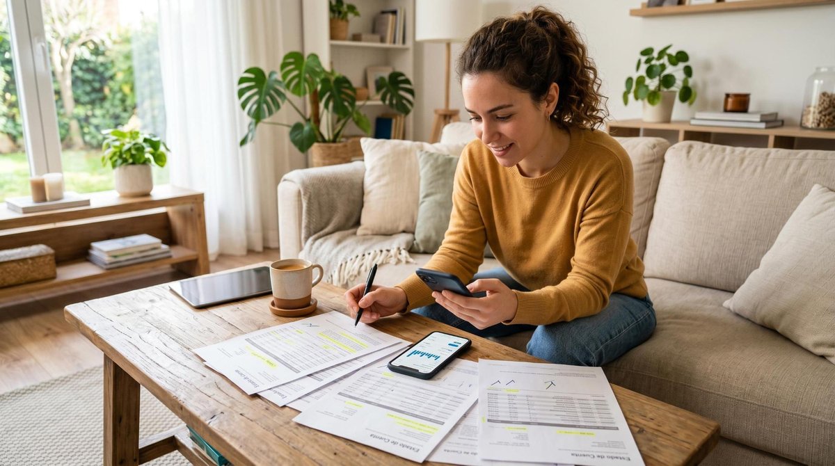 Persona usando una aplicación bancaria en su smartphone mientras revisa estados de cuenta impresos en una mesa de café, ambiente hogareño moderno con