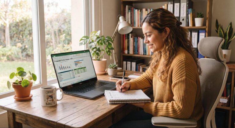 Persona revisando su presupuesto mensual en una laptop desde su espacio de trabajo en casa, con notas sobre organización de finanzas personales