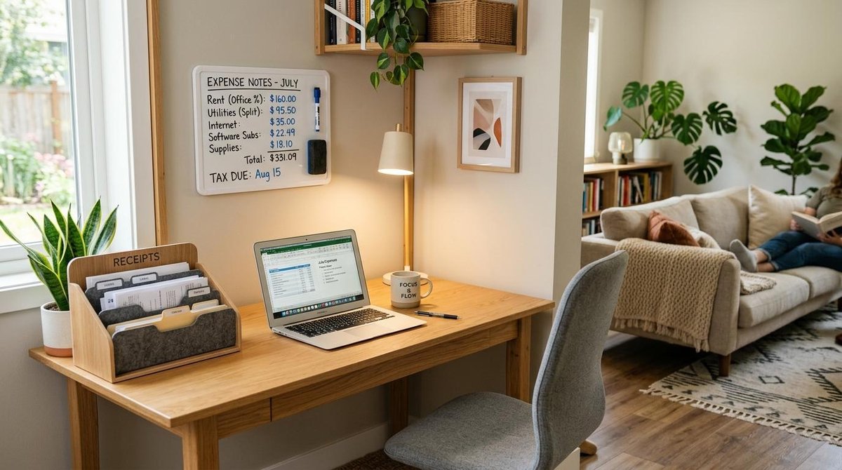 Cómo organizar las finanzas trabajando 100% desde casa: guía para tomar el control 3 Un rincón de oficina en casa con una laptop, organizador de recibos y una pequeña pizarra con notas de gastos, separado visualmente del resto del espa