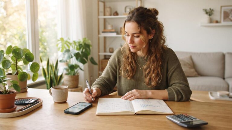 Persona revisando su historial de gastos en un cuaderno junto a su celular para identificar consumo innecesario