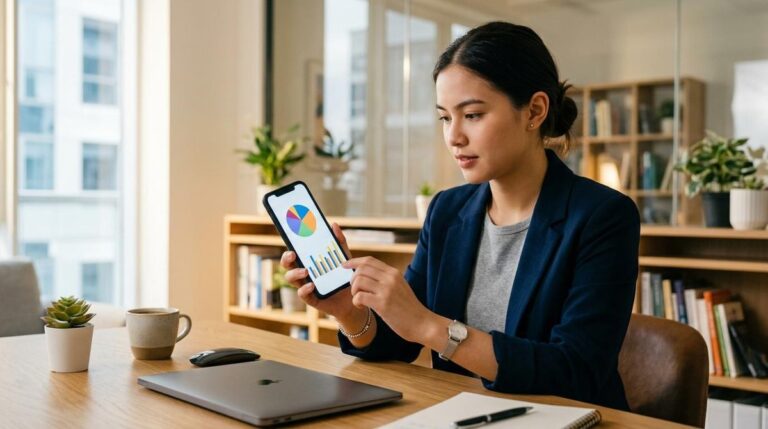 Persona revisando el historial de movimientos en su celular para hacer control financiero con una app