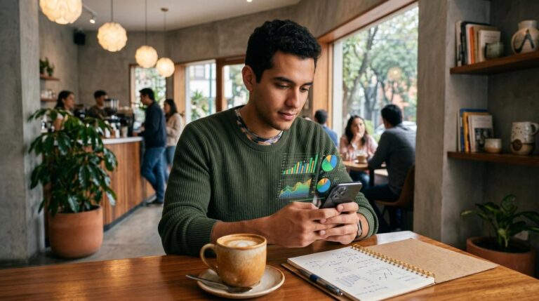 Persona revisando un reporte de gastos mensuales en su celular con una app de finanzas personales en México