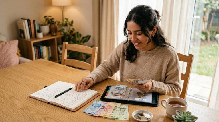 Persona revisando sus finanzas personales con una libreta y una taza de café sobre una mesa de madera