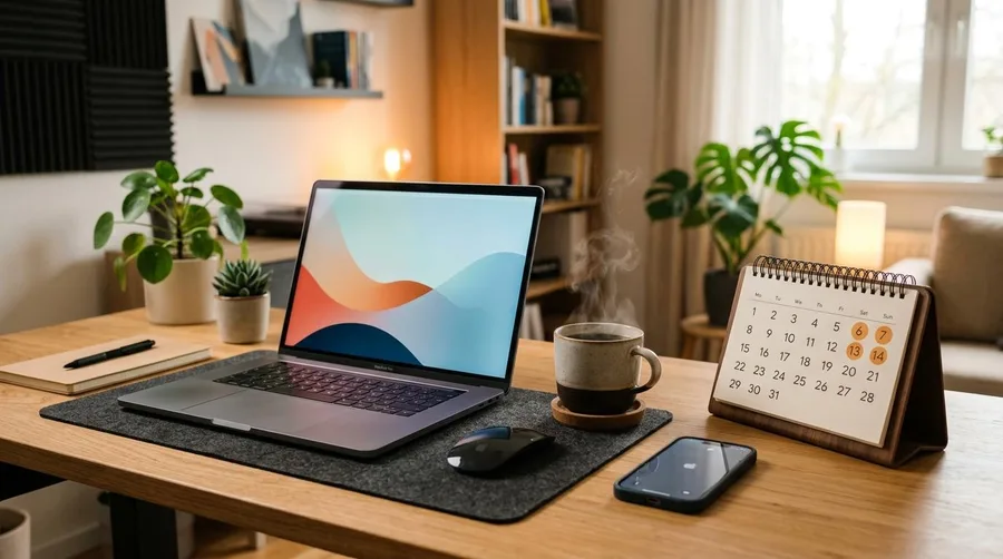 Escritorio con portátil abierto, taza humeante, teléfono móvil y calendario sobre mesa de madera
