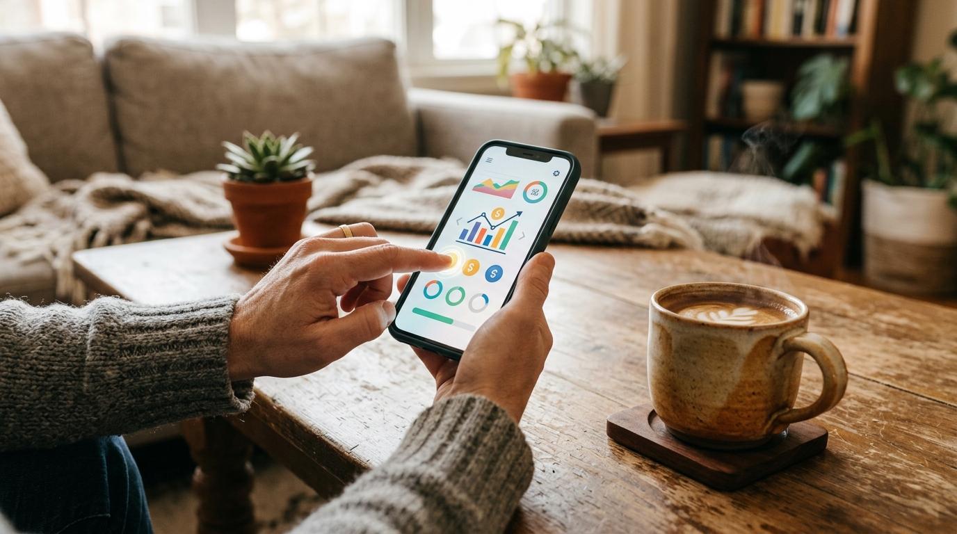 Cómo usar crédito digital para emergencias: guía práctica para decidir con calma 2 Persona usando smartphone con gráficos financieros sobre mesa de madera junto a taza de café humeante en sala acogedora