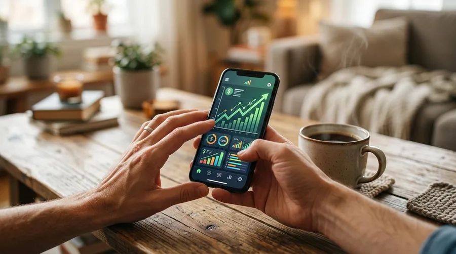 Persona usando smartphone con gráficos financieros en mesa de madera junto a taza de café humeante
