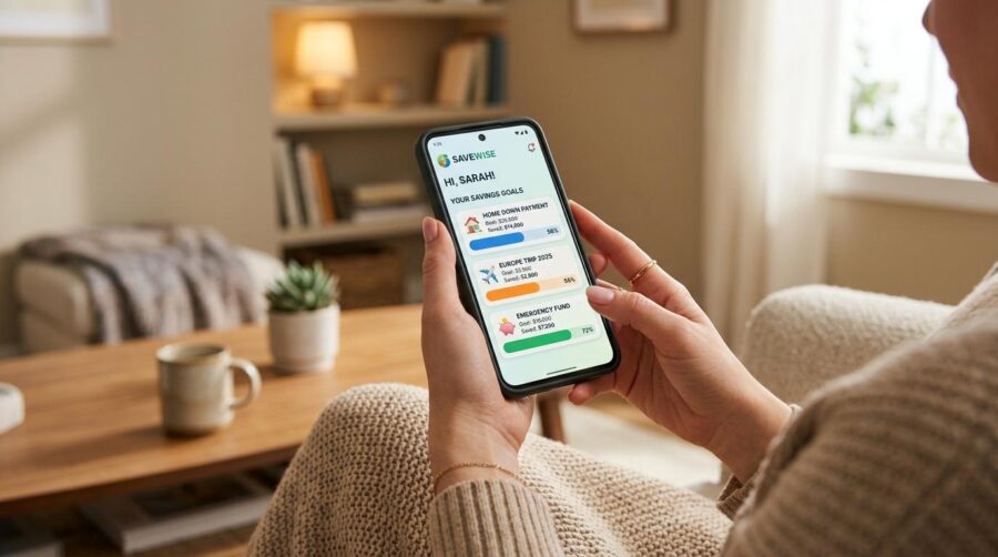 Cómo retirar dinero de una meta antes de alcanzarla y qué debes considerar 2 Persona sentada en sofá mirando aplicación de finanzas personales en smartphone con metas de ahorro visibles en pantalla