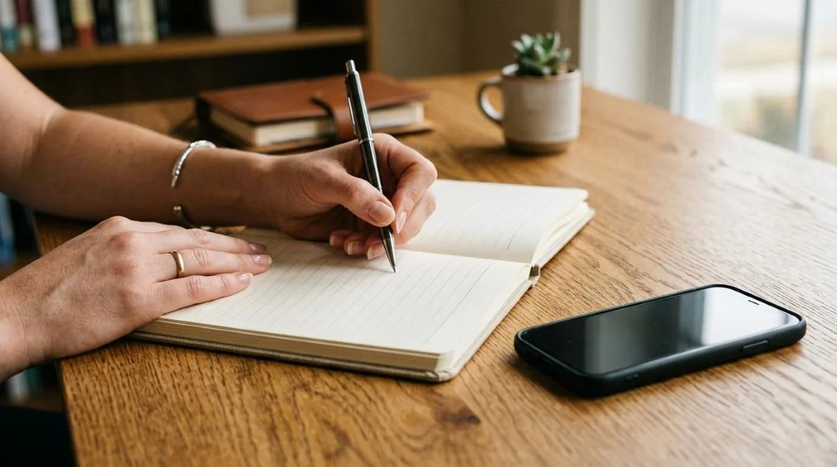  Un primer plano de unas manos escribiendo metas en un cuaderno sobre un escritorio de madera, junto a un teléfono celular moderno