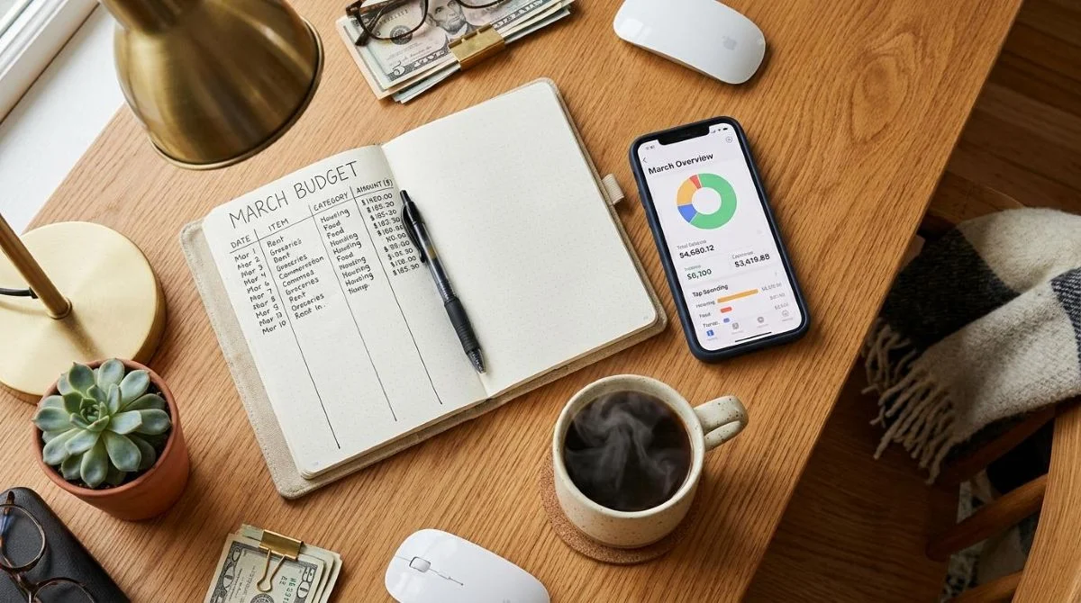 Cómo revisar tus gastos del mes en 10 minutos: guía paso a paso con método cronometrado 2 Vista cenital de un escritorio ordenado con un teléfono inteligente mostrando una pantalla de resumen digital, una libreta abierta con anotaciones